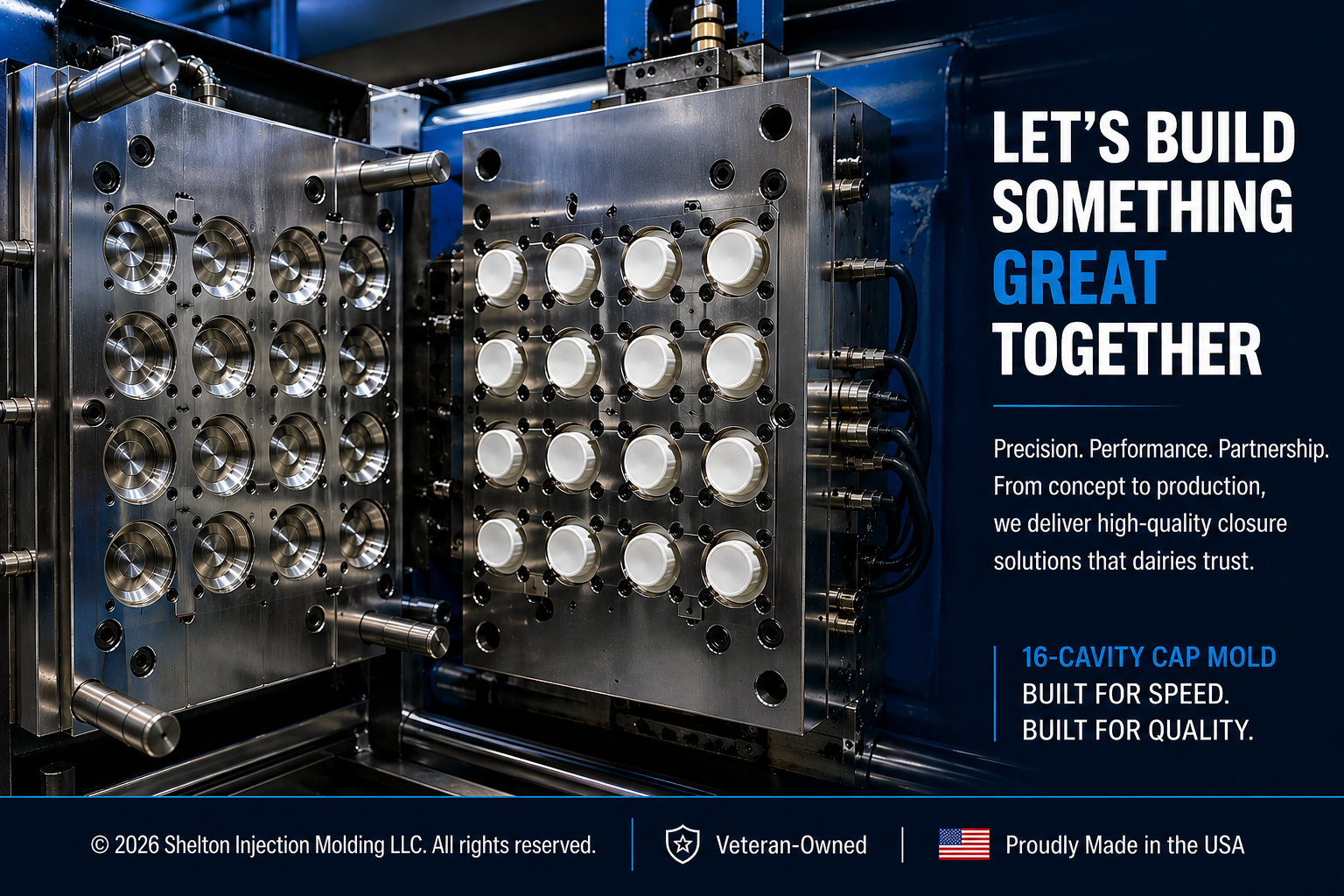 16-cavity cap mold and Shelton Injection Molding call to action